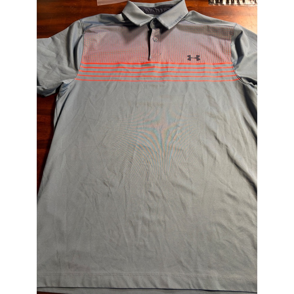 Under Armour HeatGear Mens Medium Polo Shirt Blue Orange Dot Stripe Loose Fit